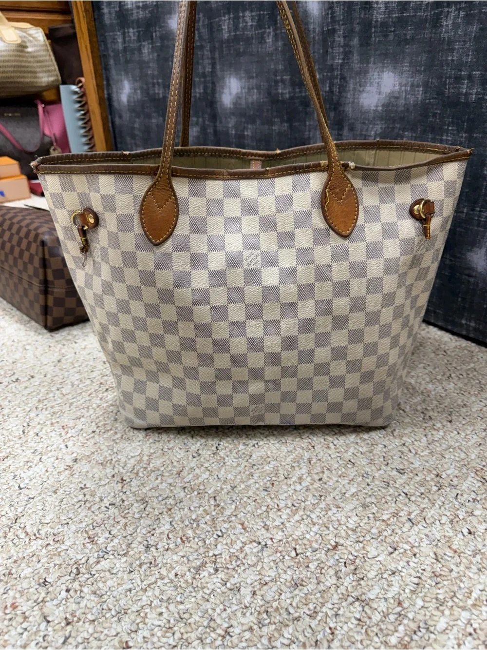 LOUIS VUITTON Neverfull MM White Damier Azur Tote Shoulder Bag Purse N40604$2240